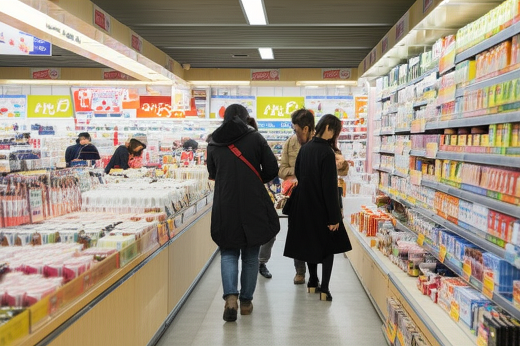 日本超市內擺滿各式食品，一位顧客正在選購。