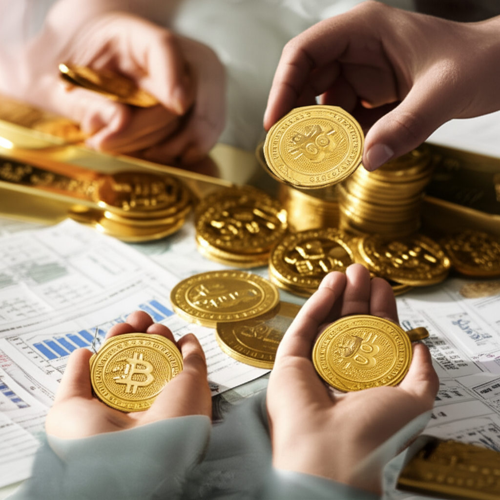 一個精密的金融圖表，展示2020年至2050年黃金價格的歷史走勢和預測。圖表顯示預測期間的明顯上升趨勢，並標示出關鍵里程碑或阻力位。圖表上疊加了表示全球經濟趨勢的細微指標，例如通貨膨脹率、利率變化（以小箭頭圖示表示）和地緣政治事件（小爆炸或旗幟圖示）。美學專業、簡潔，並使用藍色、金色和灰色調色板來象徵穩定和價值。