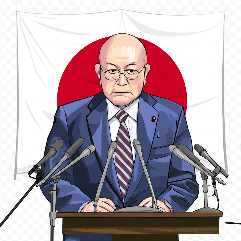 一幅諷刺政治漫畫，描繪日本首相石破茂手持辭職信，站在不穩的政治平台上。