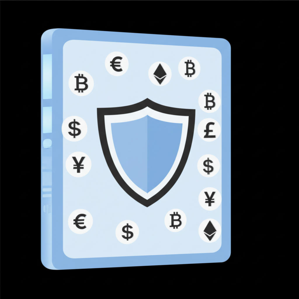 Secure crypto transaction on a screen, with a shield and diverse currency symbols, illustration