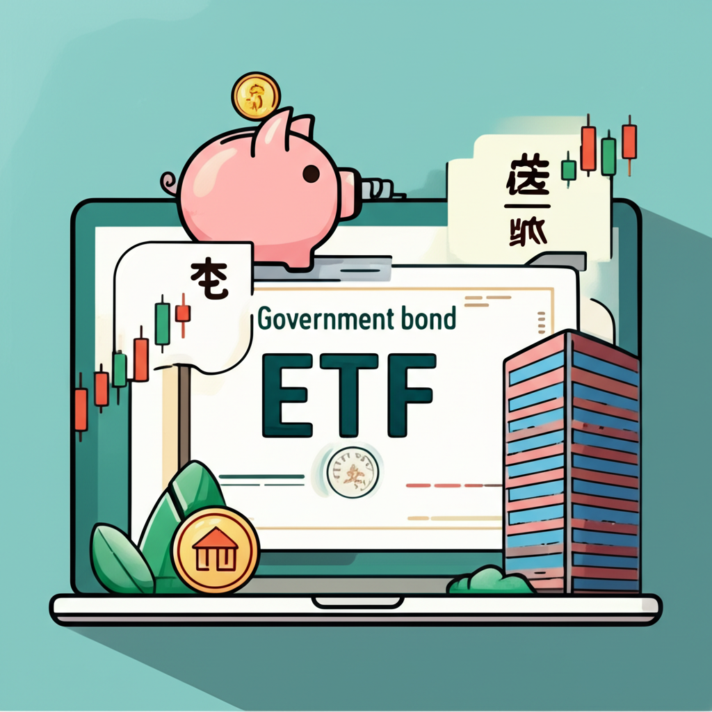 以存錢筒、公債證書、日股走勢圖、ETF標誌與不動產大樓代表多元日圓投資工具的金融儀表板插圖